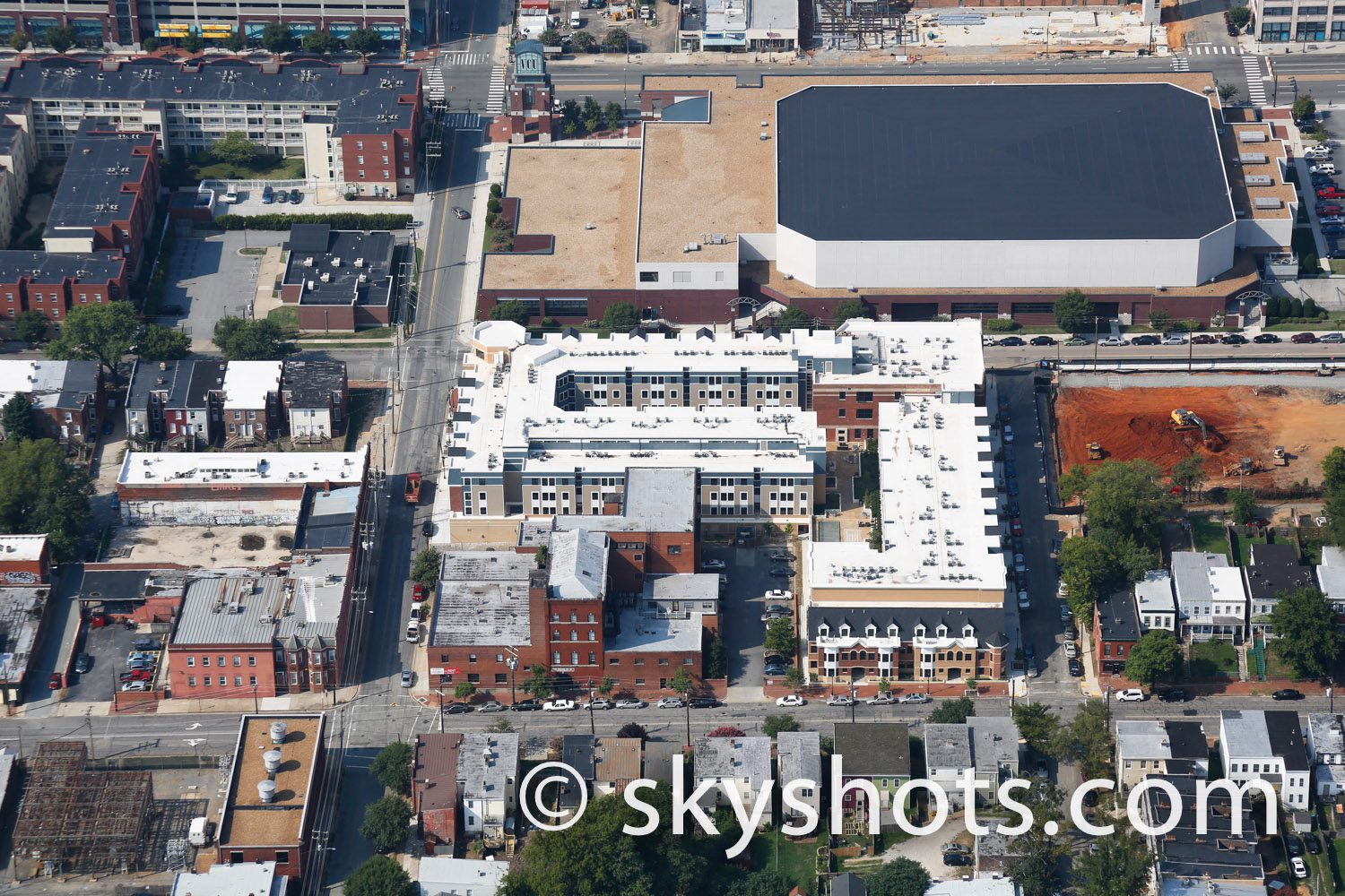 Aerial view of urban neighborhood
