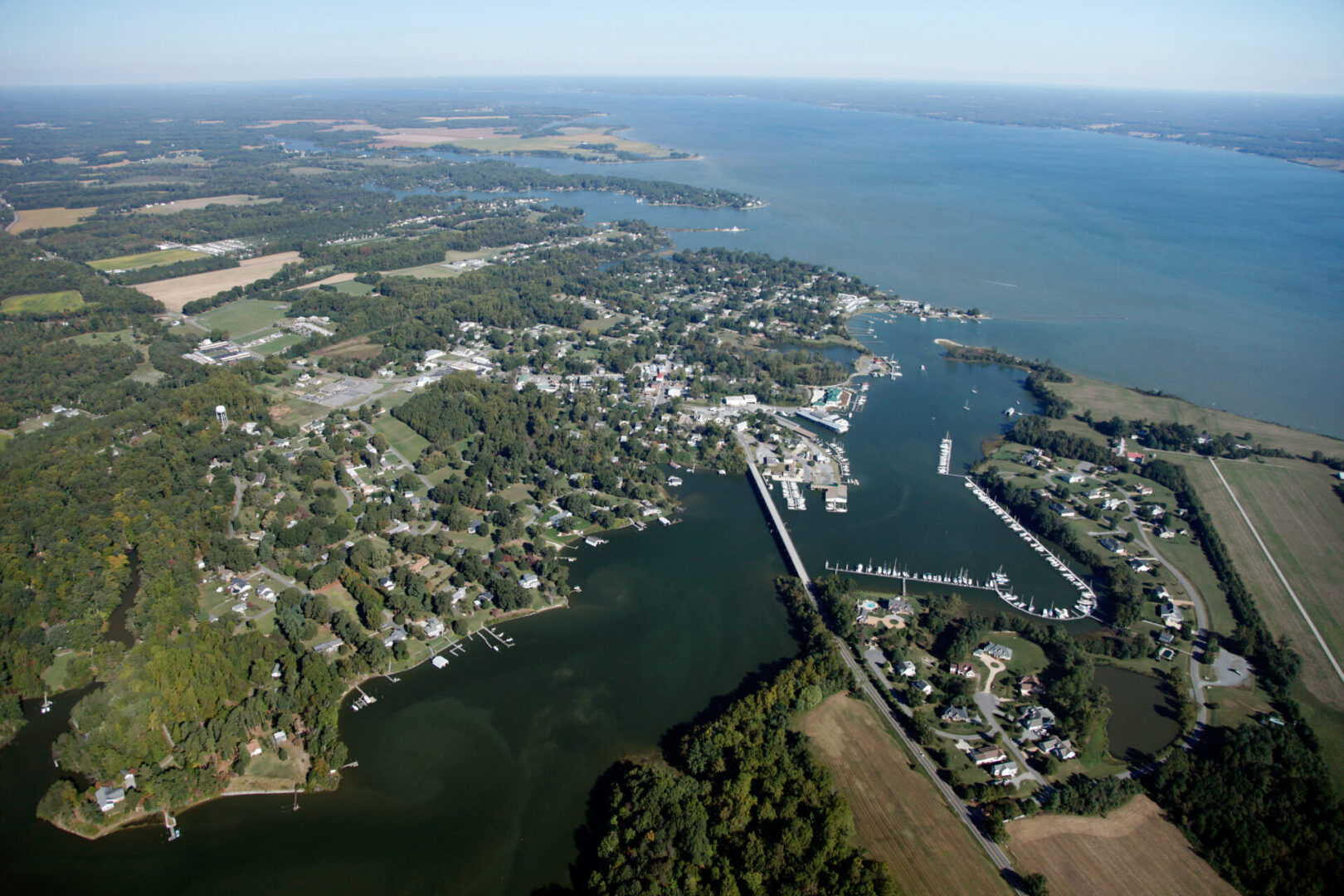 Aerial view of coastal town and harbor