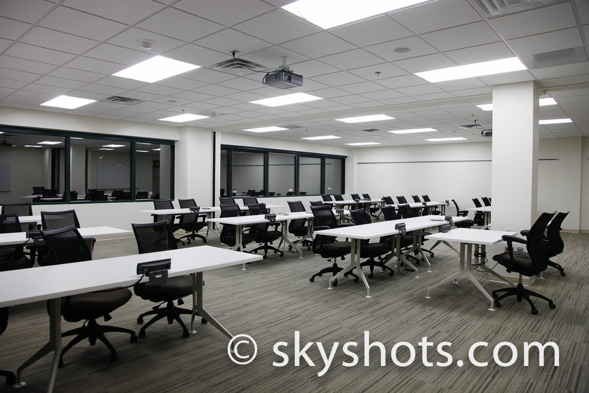 Empty modern conference room with tables