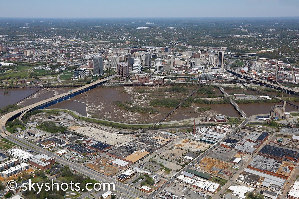 Aerial view of urban riverfront cityscape