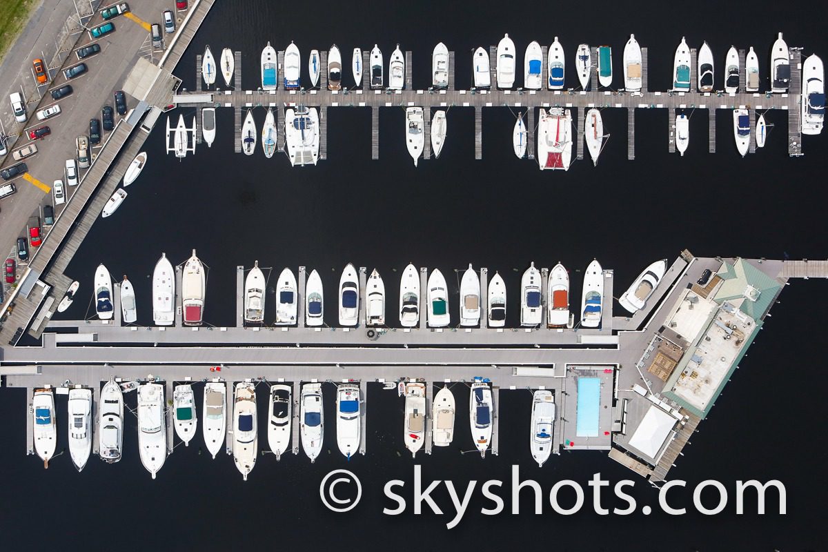 Overhead shot of boats in harbor