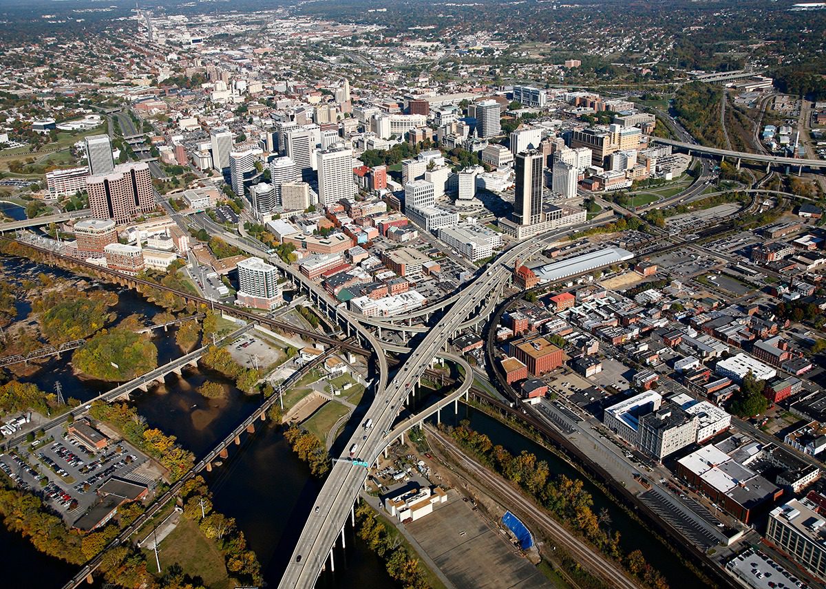 City skyline with intersecting roads and buildings